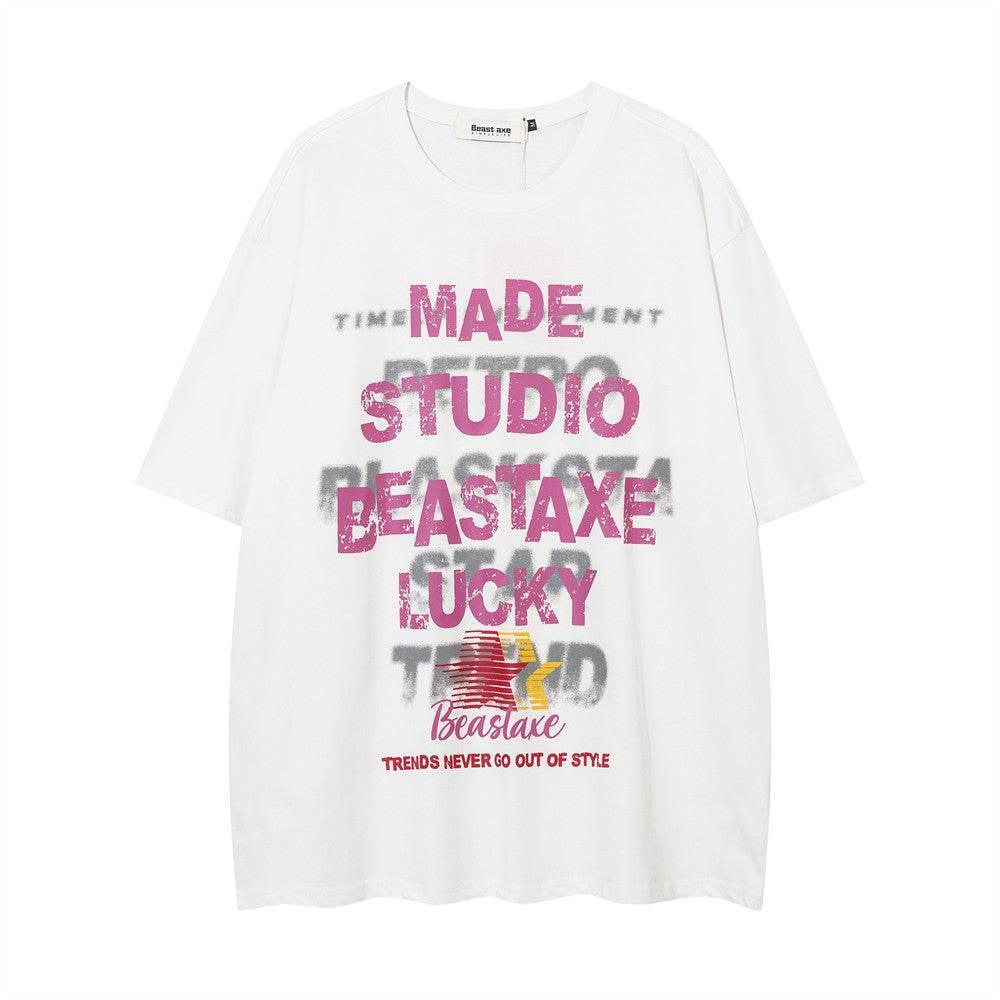 Letter Printed Loose T-shirt For Men And Women White