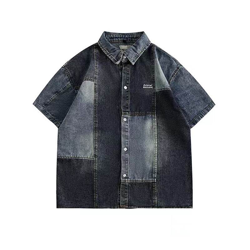 Japanese-style Retro Washed Stitching Denim Shirt Men Blue MuddyStock