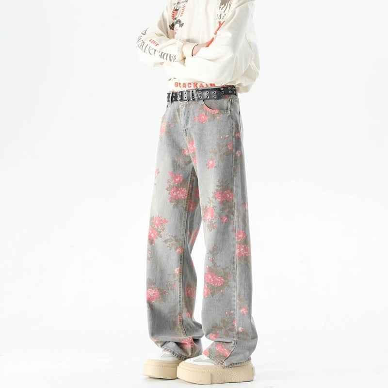 Men's Peony Jacquard Washed Loose Jeans Blue S