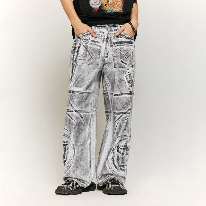 Stitching Brush Color Digital Printing Jeans Loose-fitting Wide-leg Trousers MuddyStock