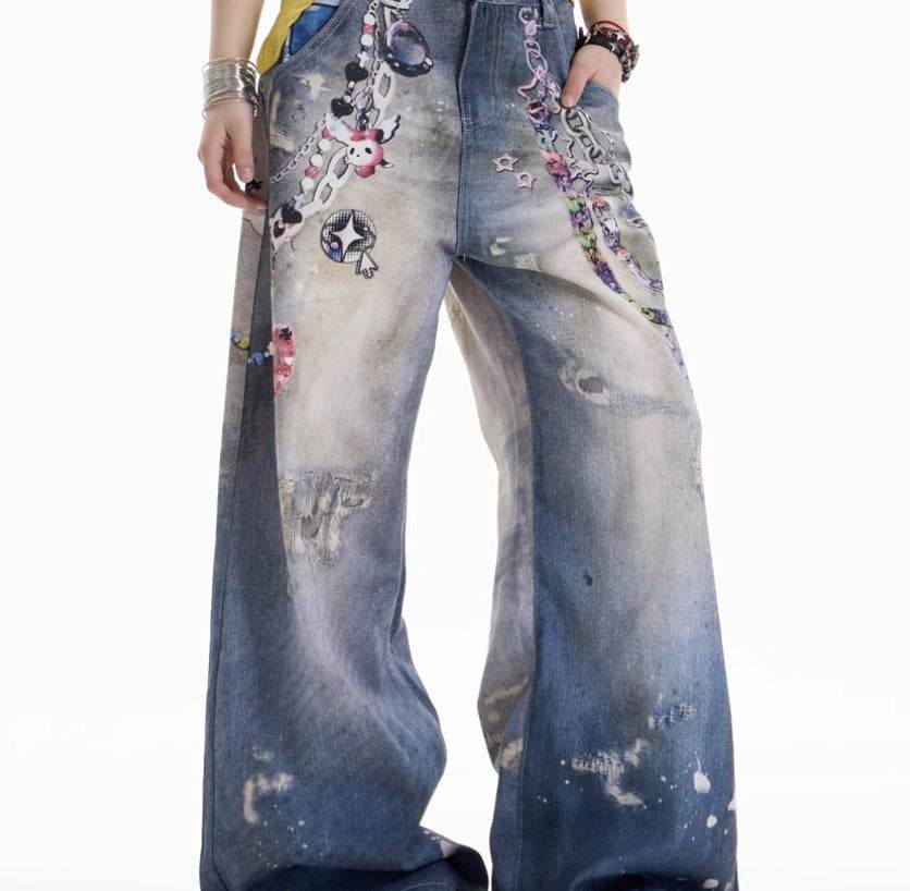American Retro Cartoon Chain Printed Jeans For Women MuddyStock