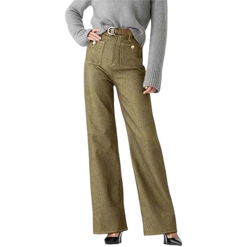 Women's Loose Leisure Washed-out Button Wide-leg Skinny Jeans Olive Green Regular MuddyStock