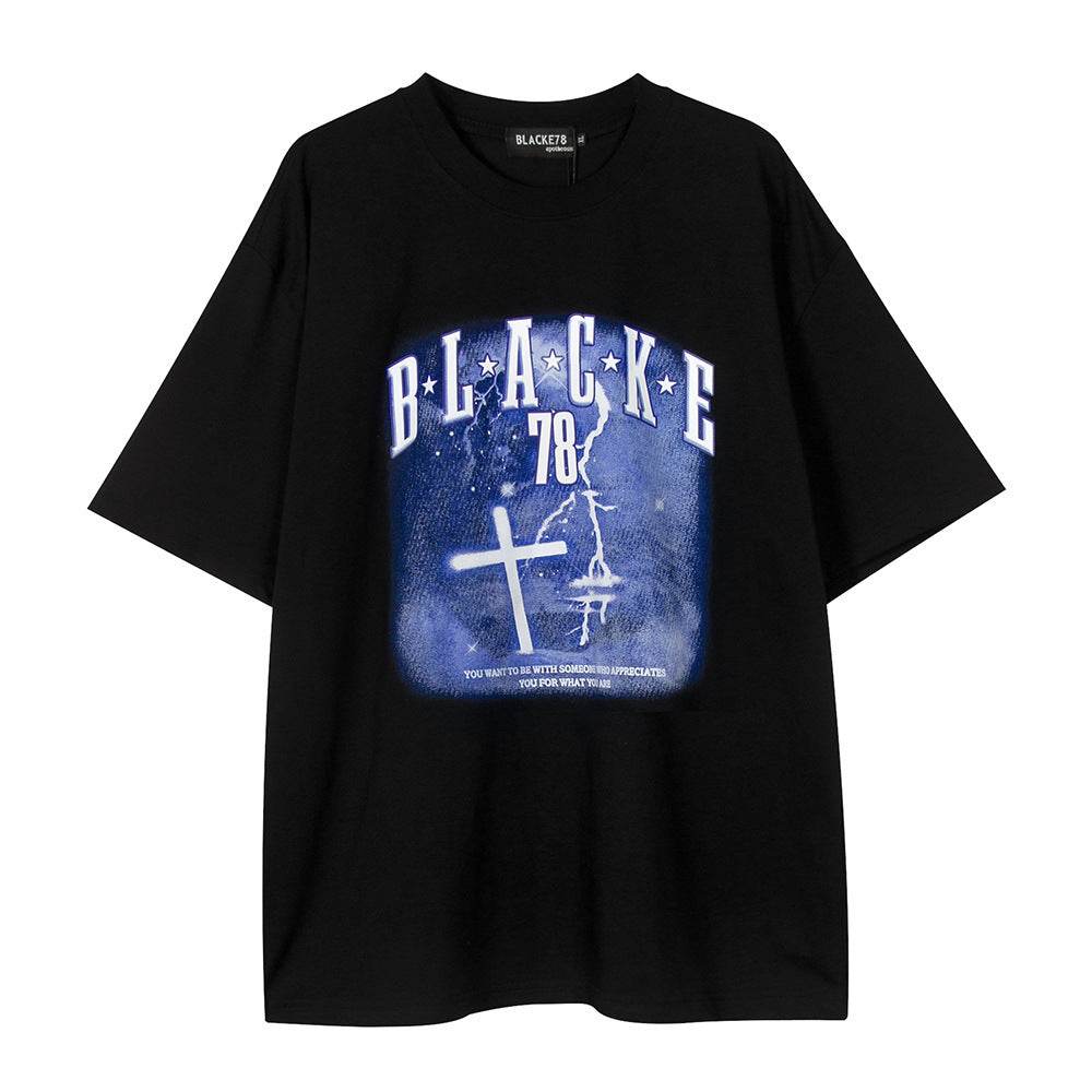 Fashion Cross Printed T-shirt Short Sleeve Men Black MuddyStock