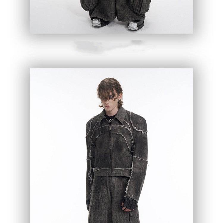 Short Gray Padded Shoulder Denim Coat For Men MuddyStock