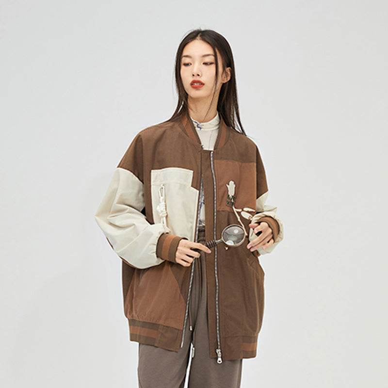 Trendy Jacket With Contrast Color Stitching For Women Chocolate color MuddyStock