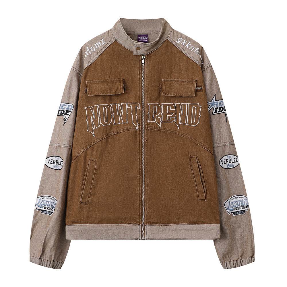 Men's Stitching Embroidered Letters Washed And Worn Zipper Denim Coat For Men And Women Brown MuddyStock