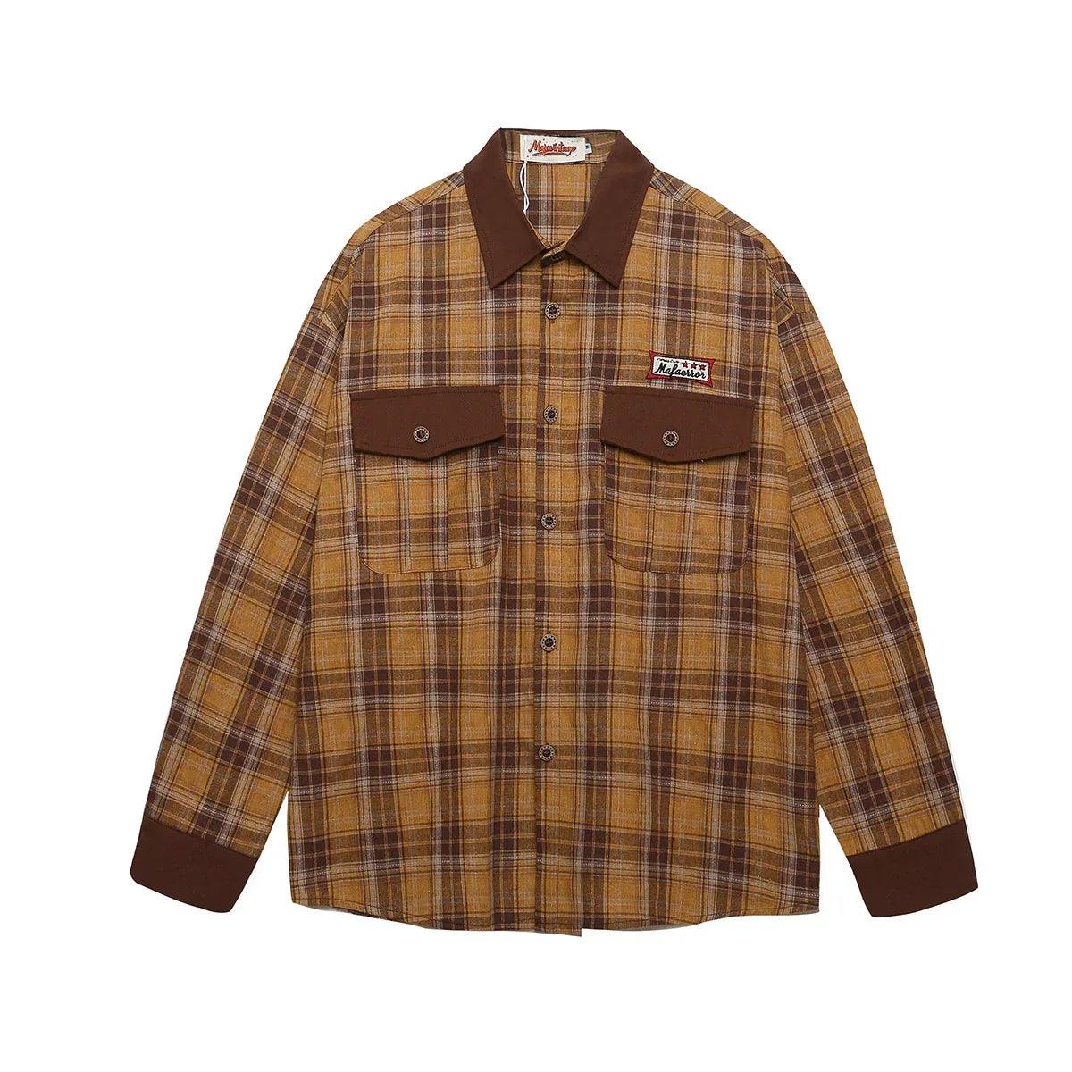 Retro patchwork plaid casual long sleeved shirt for men and women | MuddyStock Originals Yellow