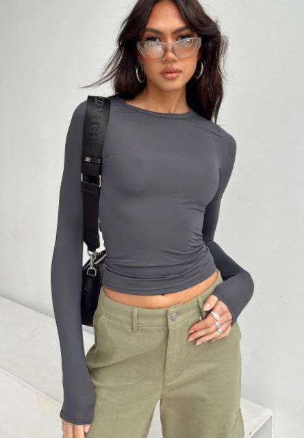 Women's Clothing Fashion Slim Long-sleeved Pullovers Tops Solid Causal Fit Shirts Color63 MuddyStock