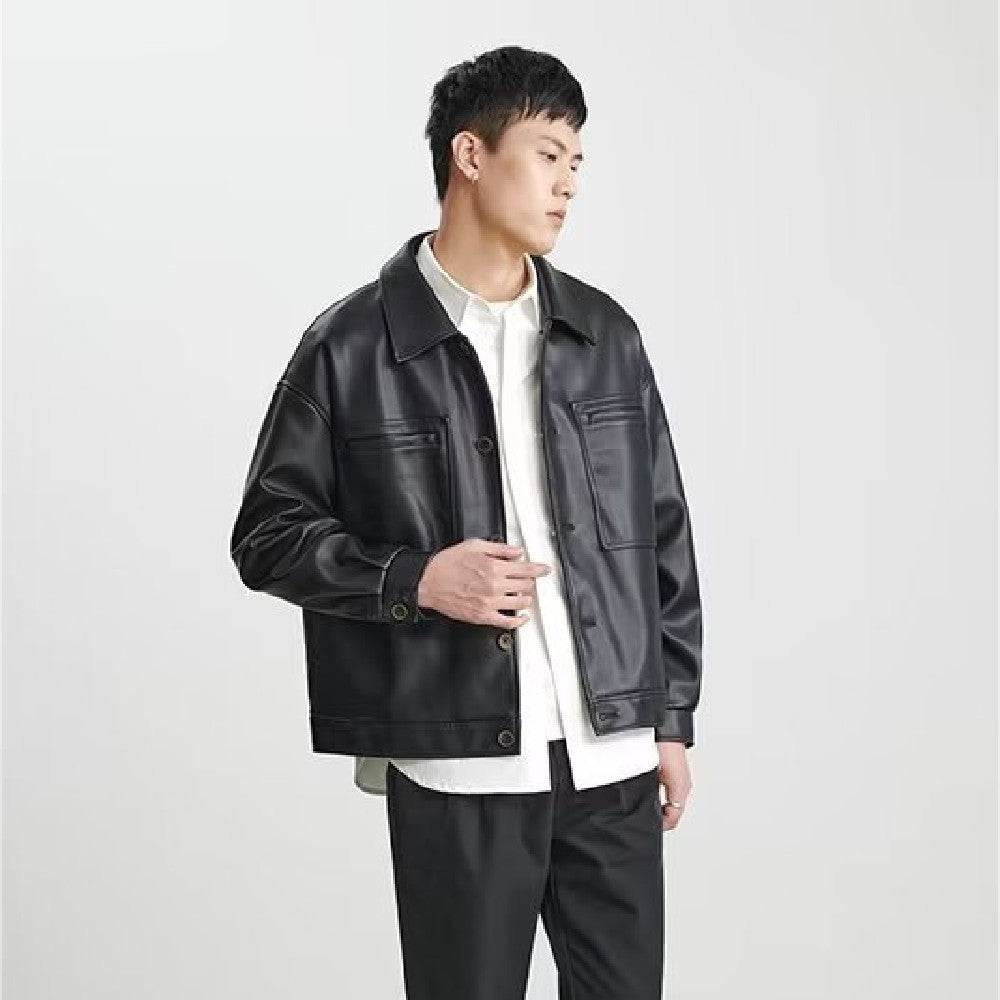 Fashion PU Leather Coat Men's Top Black MuddyStock