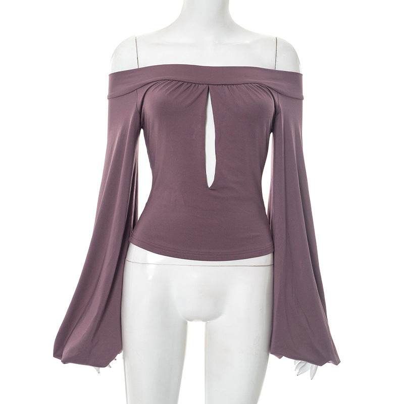European And American-style Off-neck Lantern Sleeve Hollow-out Top For Women Greyish Purple MuddyStock