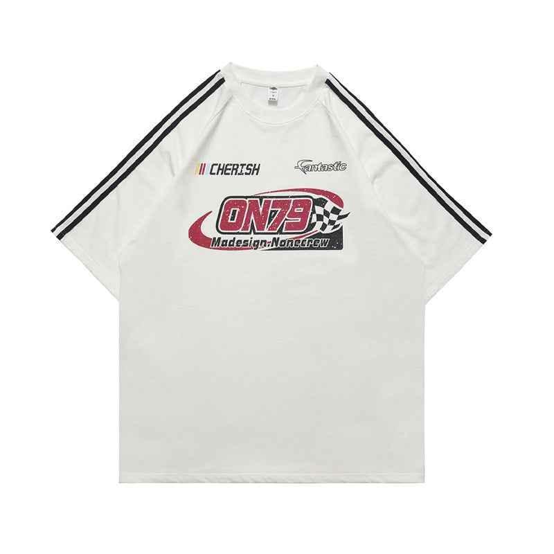 American Retro Raglan Racing Car Distressed Printed Cotton Short-sleeved T-shirt For Men White