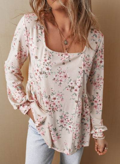 Floral Print Pleated U Neck Loose Fit Blouse MuddyStock