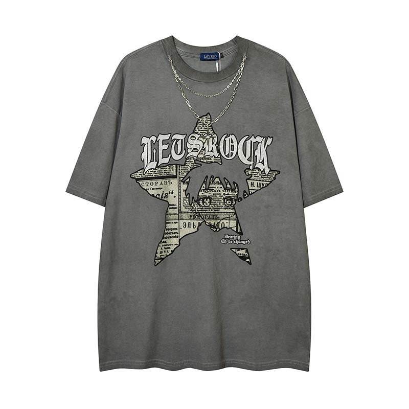 Retro Short-sleeved T-shirt With Necklace For Men and Women Gray MuddyStock