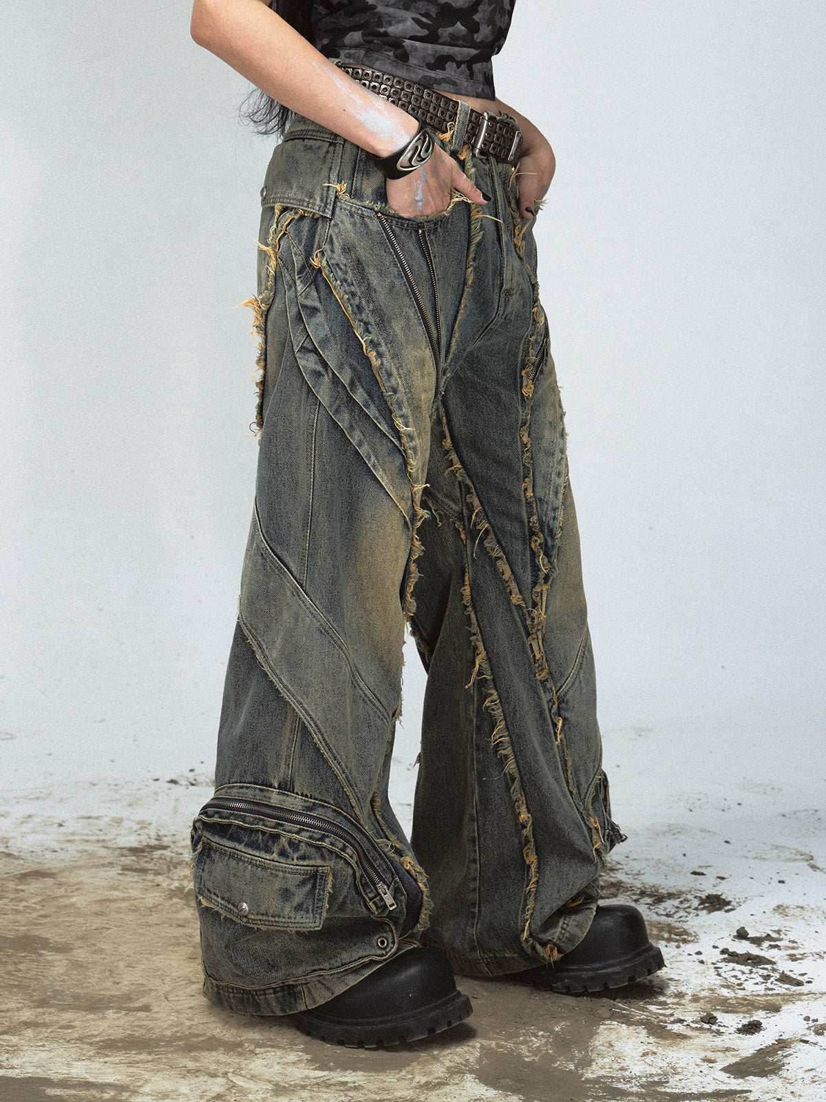 Heavy Industry Destroyed Raw Edge Stitching Jeans Retro Wide Leg Trousers