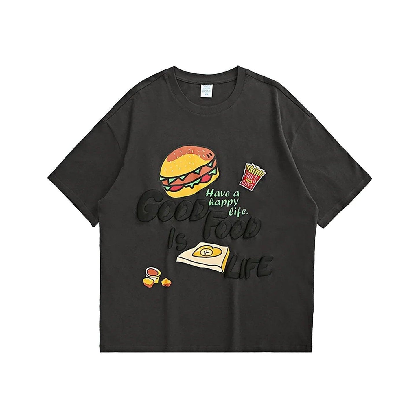 French Fries Cartoon Burger Loose T-shirt For Women Charcoal