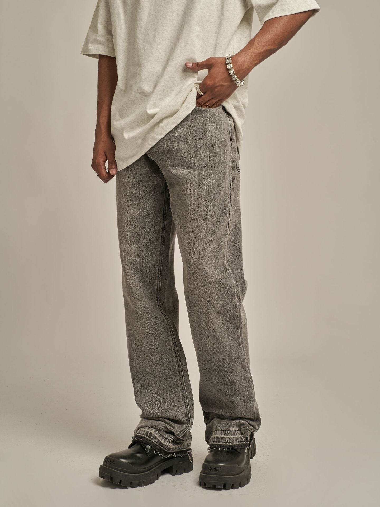Punk Distressed Wash Raw Edge Denim Trousers For Men MuddyStock