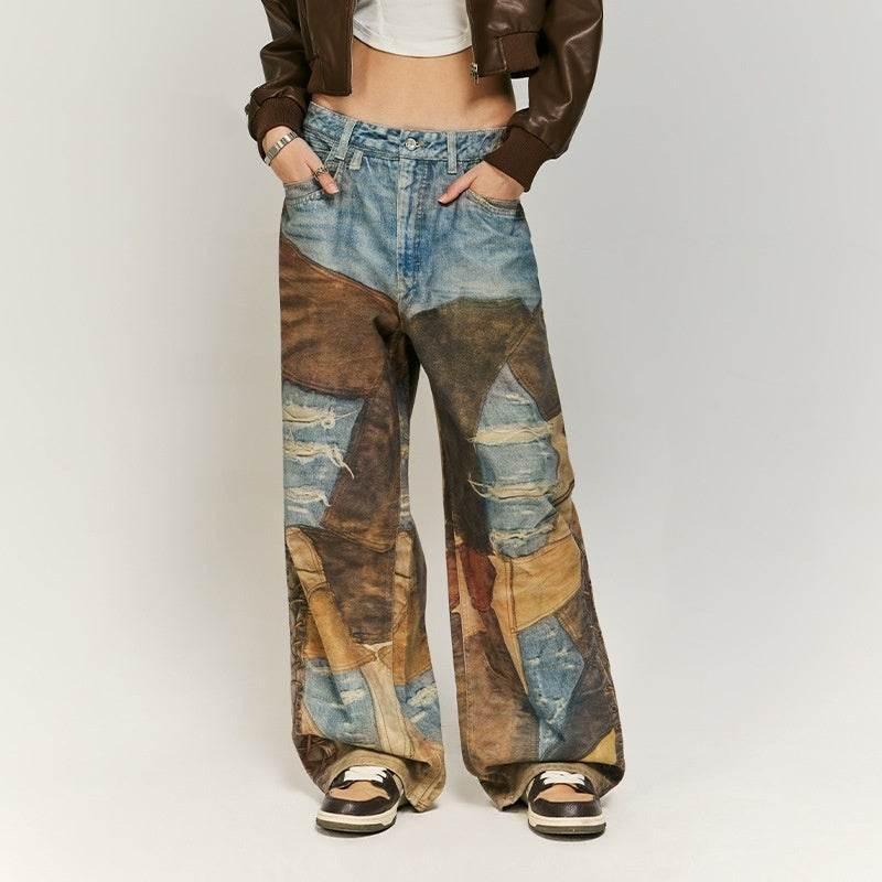 Vintage Patch Jeans Pure Cotton Casual Pants For Men And Women