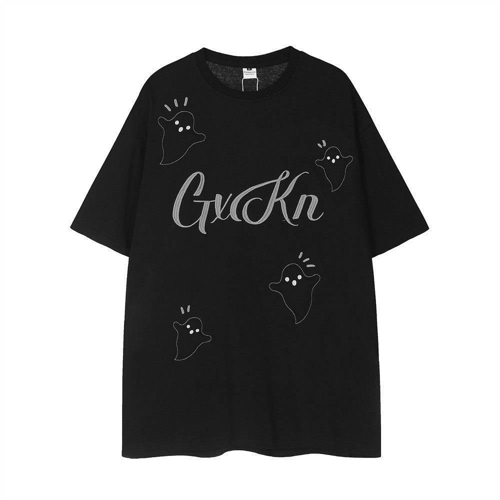 Little Devil Embroidered Casual Short Sleeve T-shirt For Men And Women Black