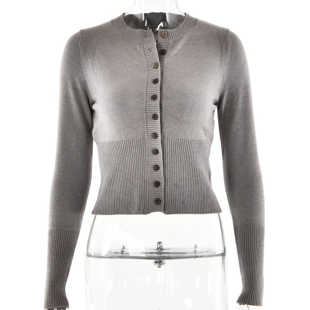 Women's Knitted Long Sleeve Slim Round Neck Top Light Gray MuddyStock