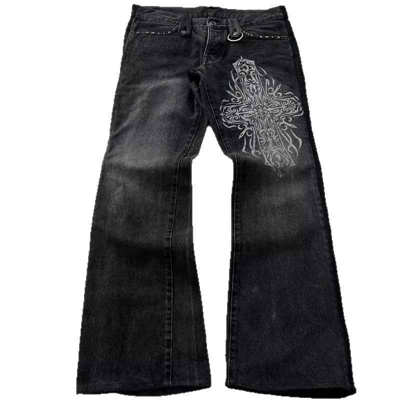 Dark Style Cross Print Washed Flared Jeans For Women | MuddyStock Originals