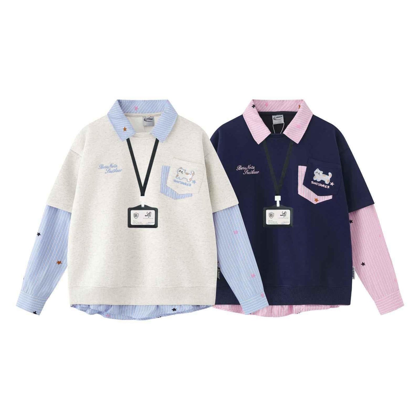 Kitten embroidered striped patchwork fake two-piece Shirt For Women | MuddyStock Originals