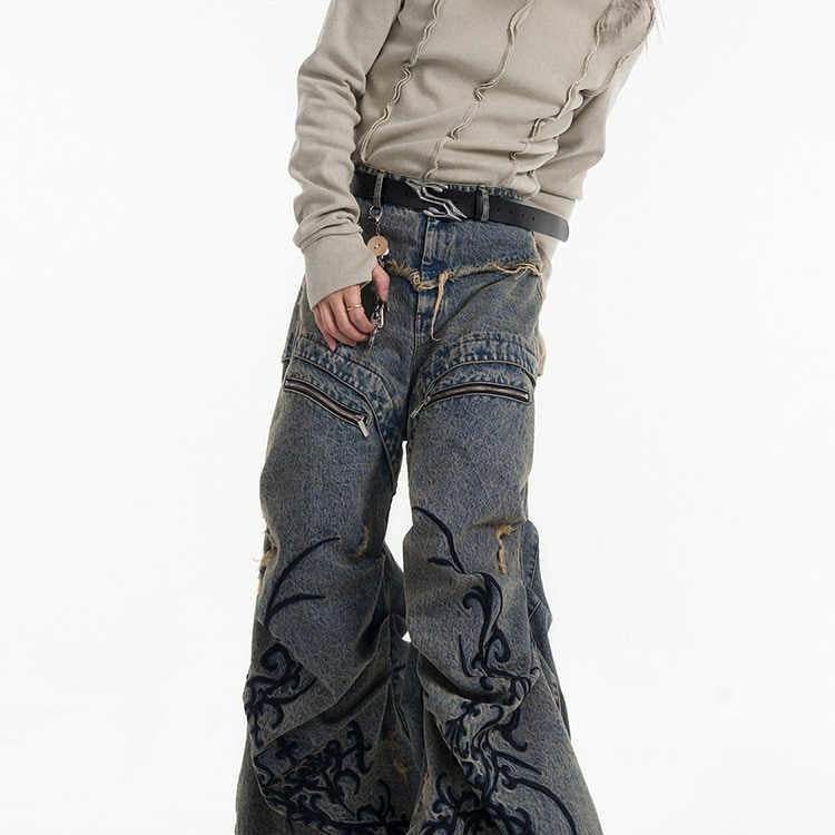 Retro Washed Distressed Zipper Embroidered Pleated Mopping Jeans MuddyStock