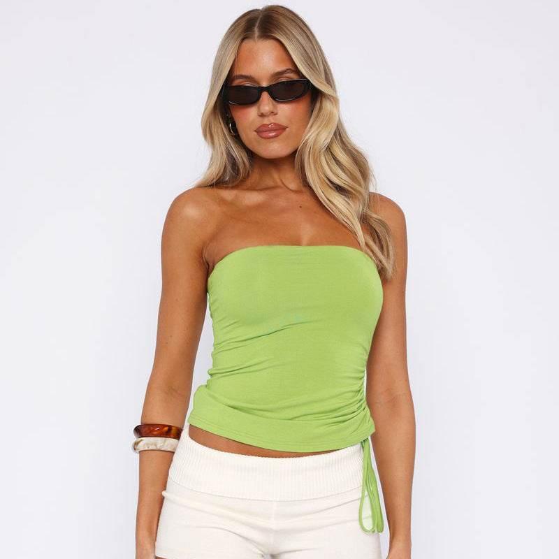 European And American Pure Color Tube-top Slim Fit Drawstring Pleated Simple T-shirt Top For Women Green MuddyStock