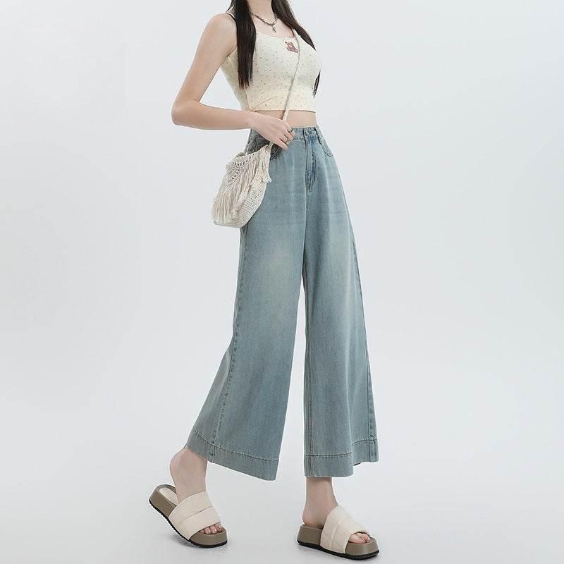 Straight Pear Shapes Ice Silk Wide-leg Pants Light Blue Ninth Pants