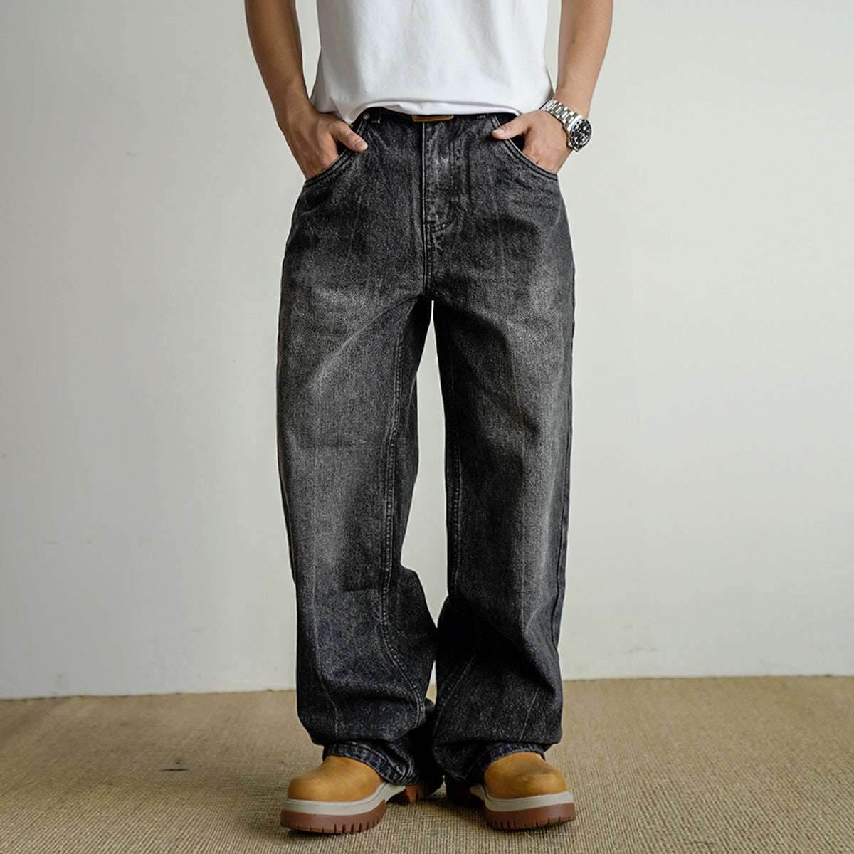 Loose Straight Washed Distressed Black Jeans Black MuddyStock