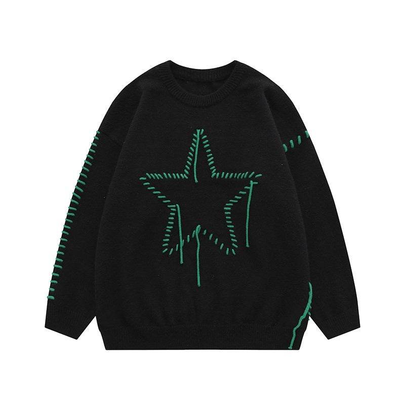 Autumn New Star Design Knitted Women's Round Neck Sweater Black MuddyStock