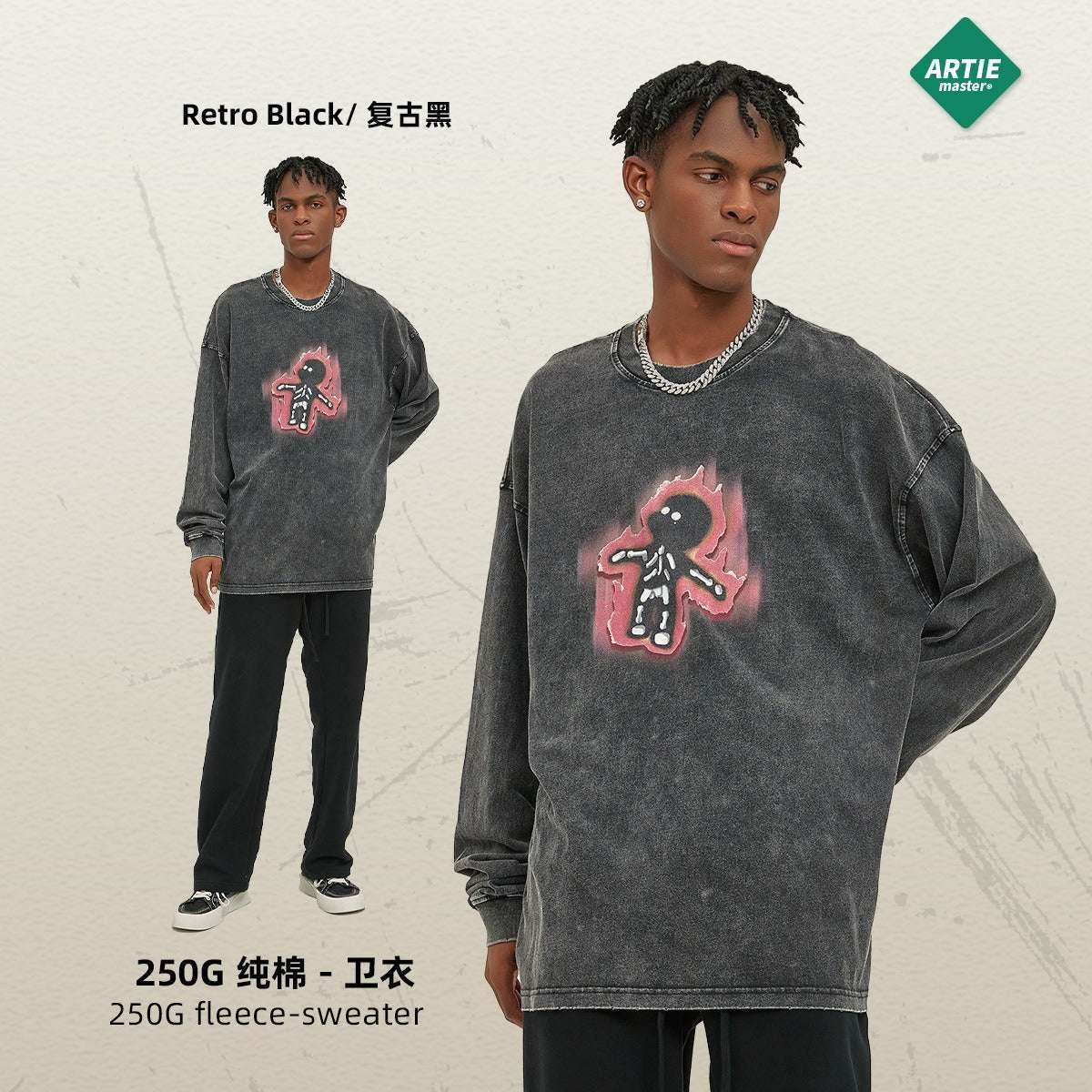 Long sleeved Washed Old T-shirt For Men And Women | MuddyStock Originals Retro Black MuddyStock