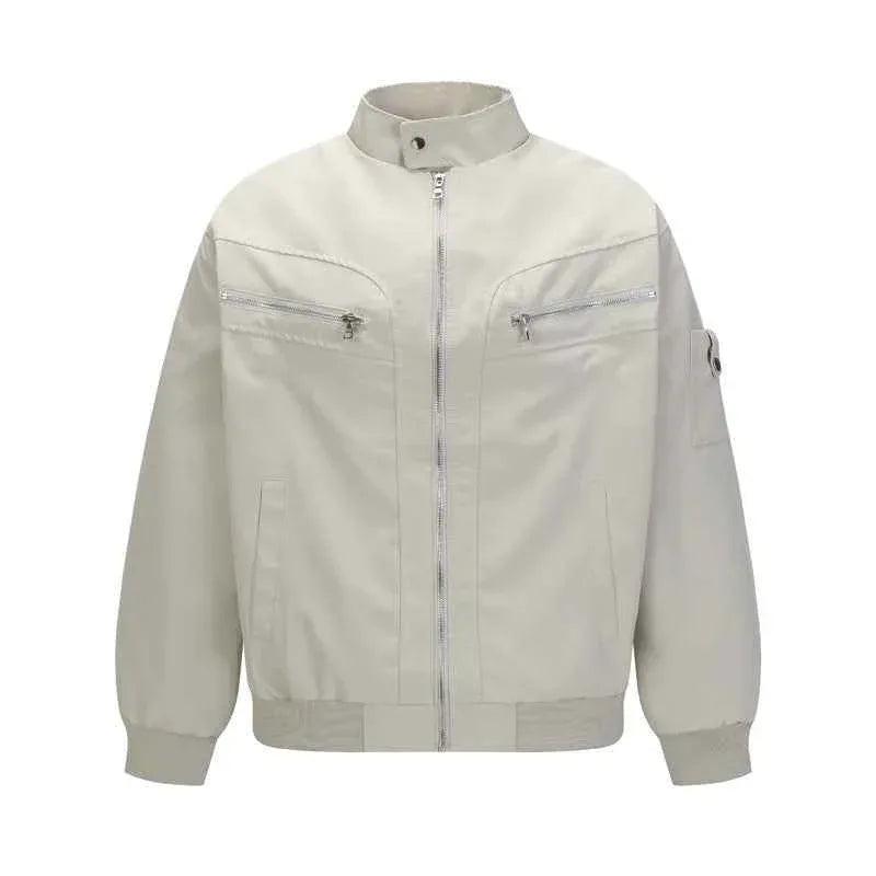 Street Vintage Multi-Pocket Zip-Up Stand Collar Jacket for Men And Women | MuddyStock Originals Gray Apricot