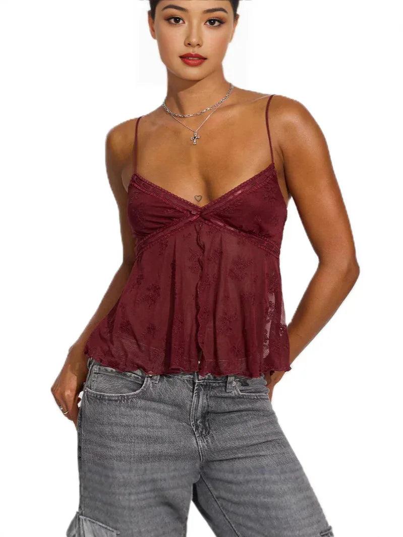 European And American New Sexy Women's Mesh Hollow Split Sling Wine Red