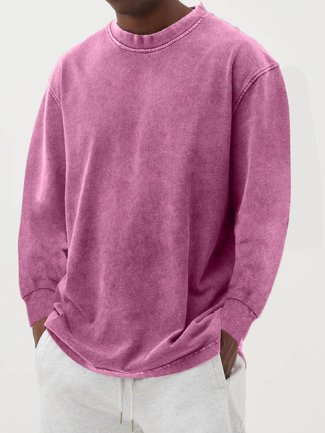 Washed Old Solid Color Men's Long-sleeved T-shirt Rose Red MuddyStock