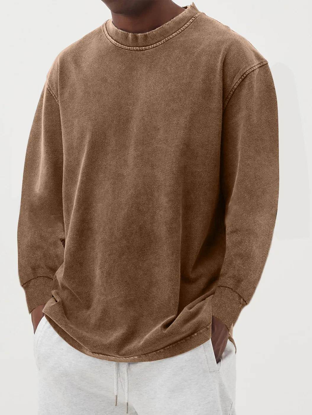 Washed Old Solid Color Men's Long-sleeved T-shirt Camel MuddyStock