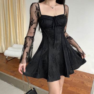 Lace Square Collar Dress Bell-bottom Long Sleeve Women Top MuddyStock