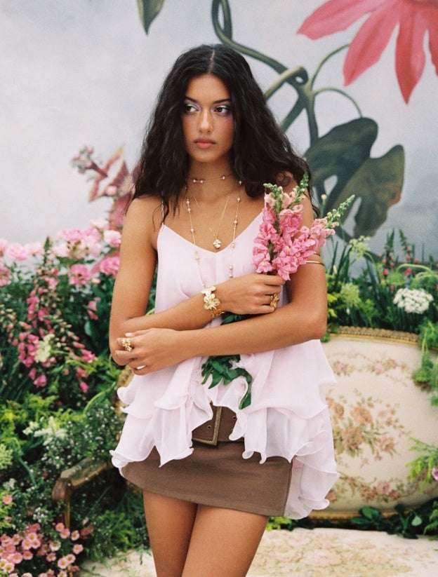 Mesh Camisole Short Top With Laminated Ruffles MuddyStock