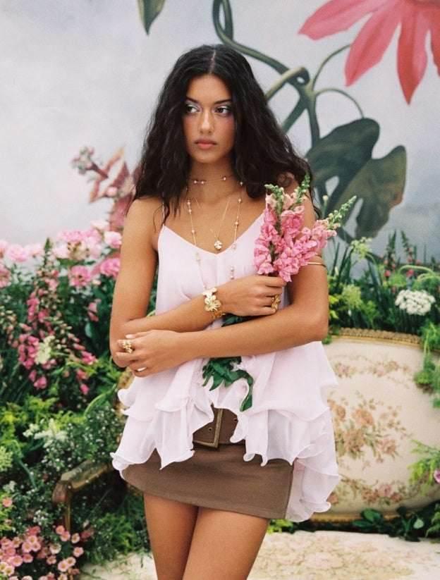 Mesh Camisole Short Top With Laminated Ruffles