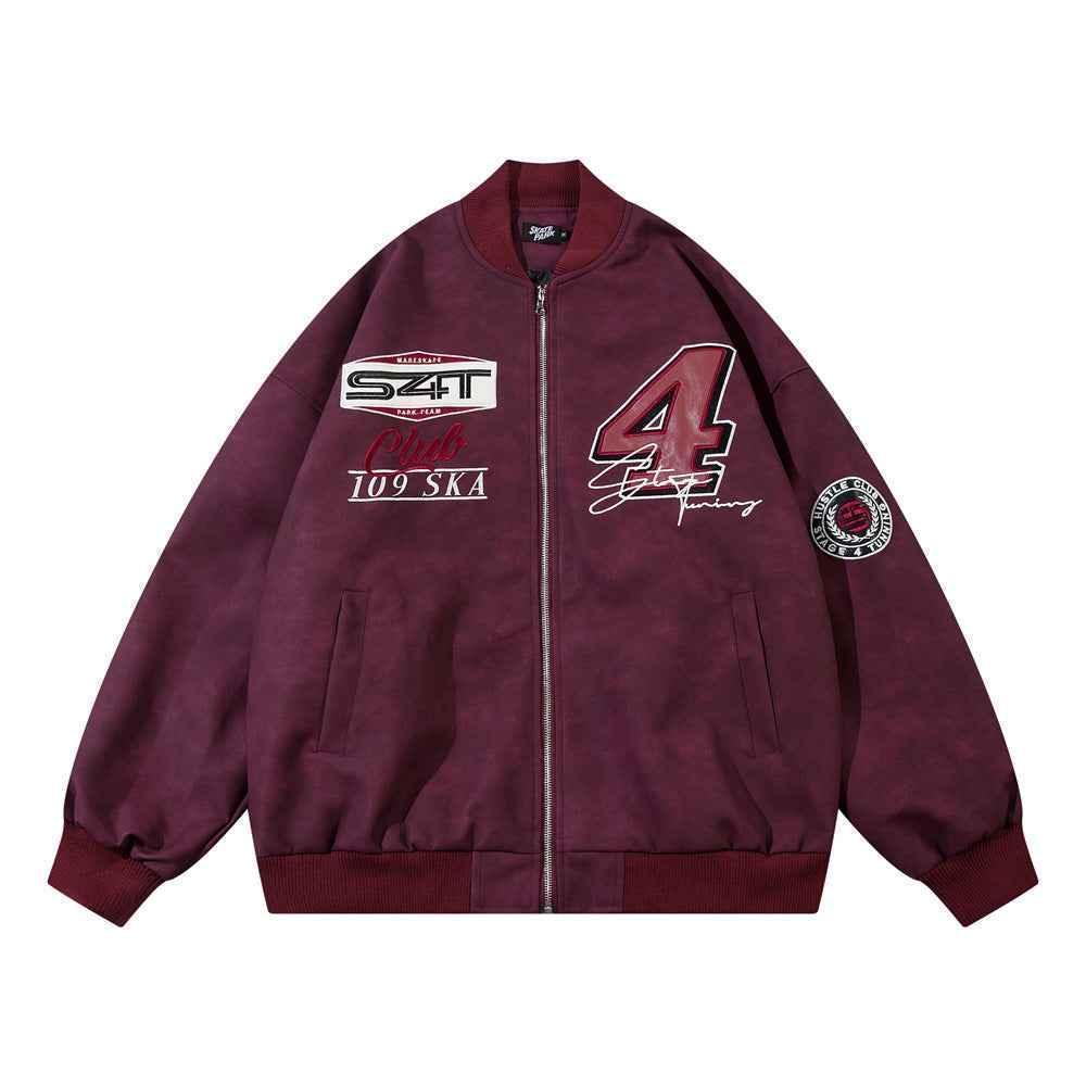 European And American-style Letter Affixed Cloth Embroidered Loose Pu Leather Baseball Jacket For Men And Women Wine Red