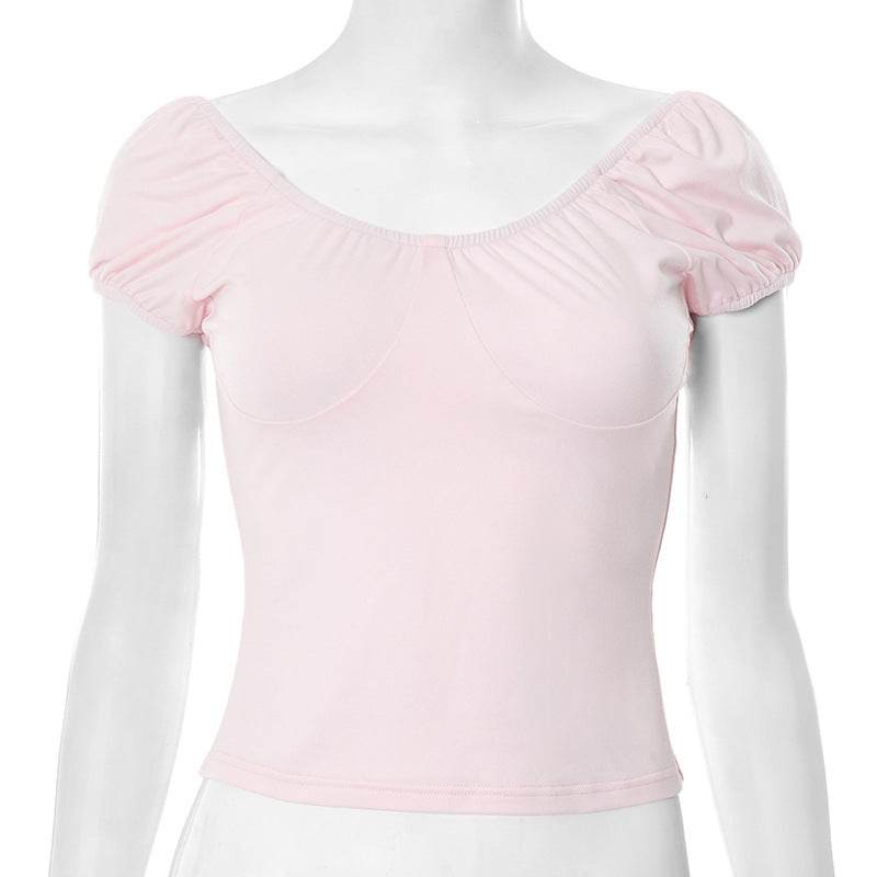 Short Sleeve V-neck Simplicity Backless Casual Top T-shirt Pink MuddyStock