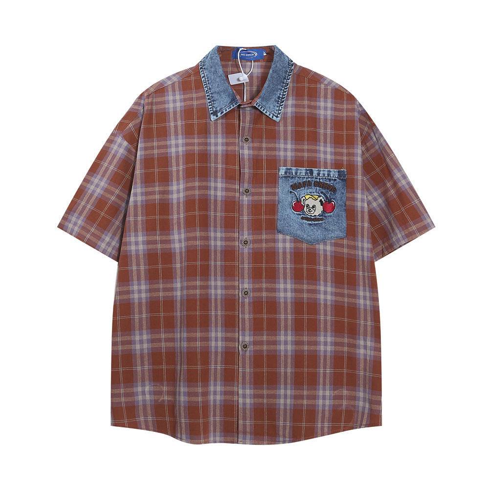 Plaid Loose Short Sleeve Shirt For Men And Women Red MuddyStock