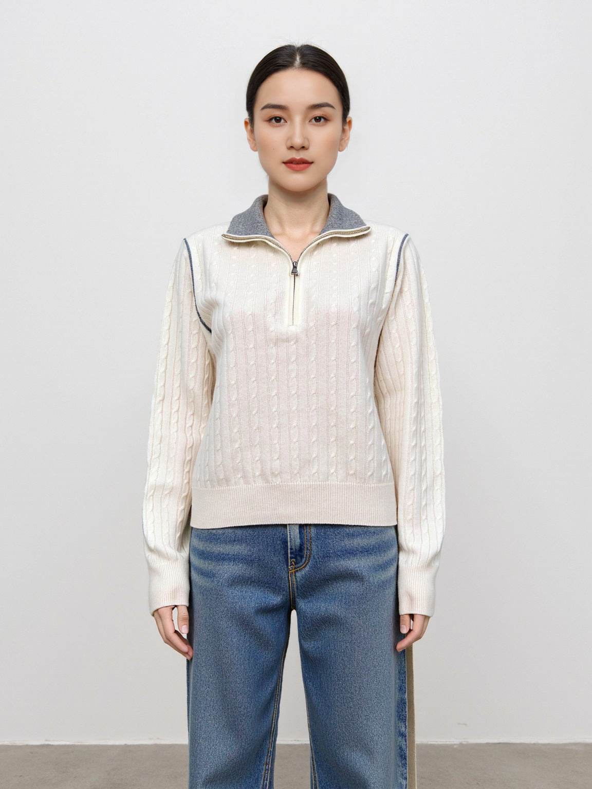 Half-Zip Turn-Down Collar Wool Sweater For Women | MuddyStock Originals White MuddyStock