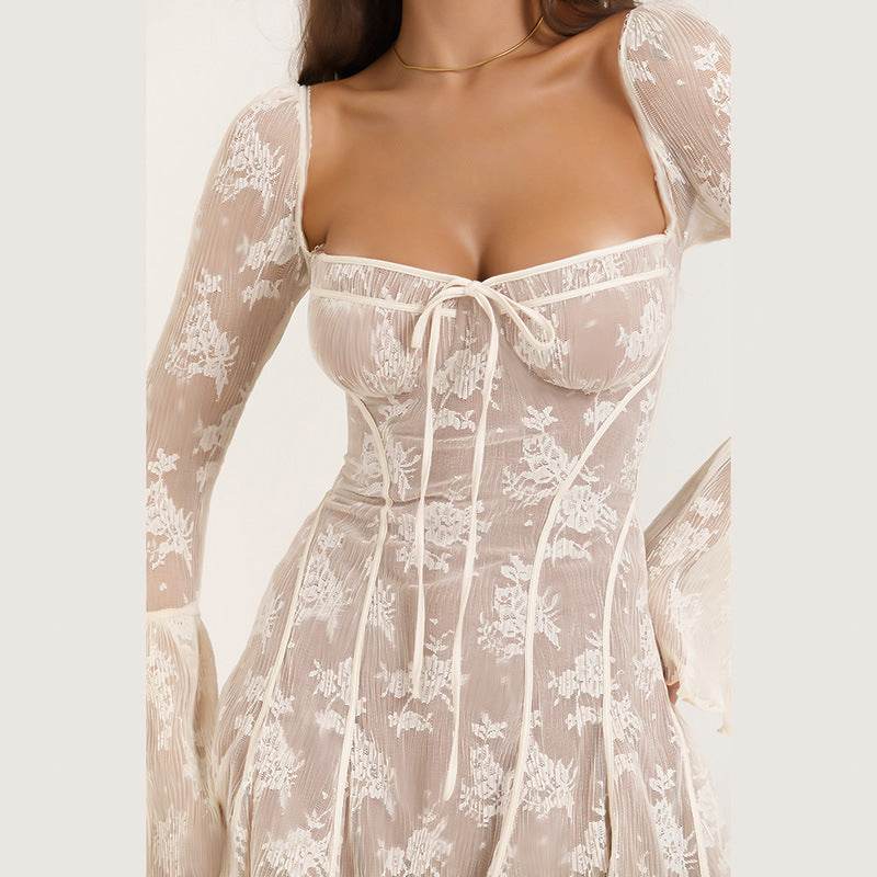 Lace Square Collar Dress Bell-bottom Long Sleeve Women Top MuddyStock