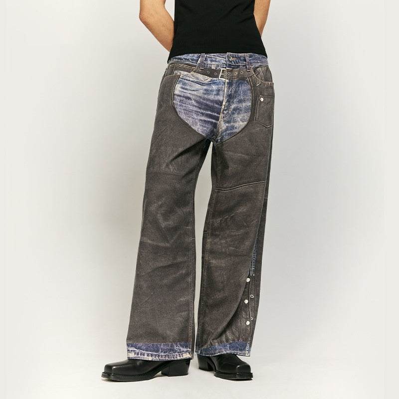 Leather Patchwork Digital Printing Jeans Brand Wide Leg Jeans MuddyStock