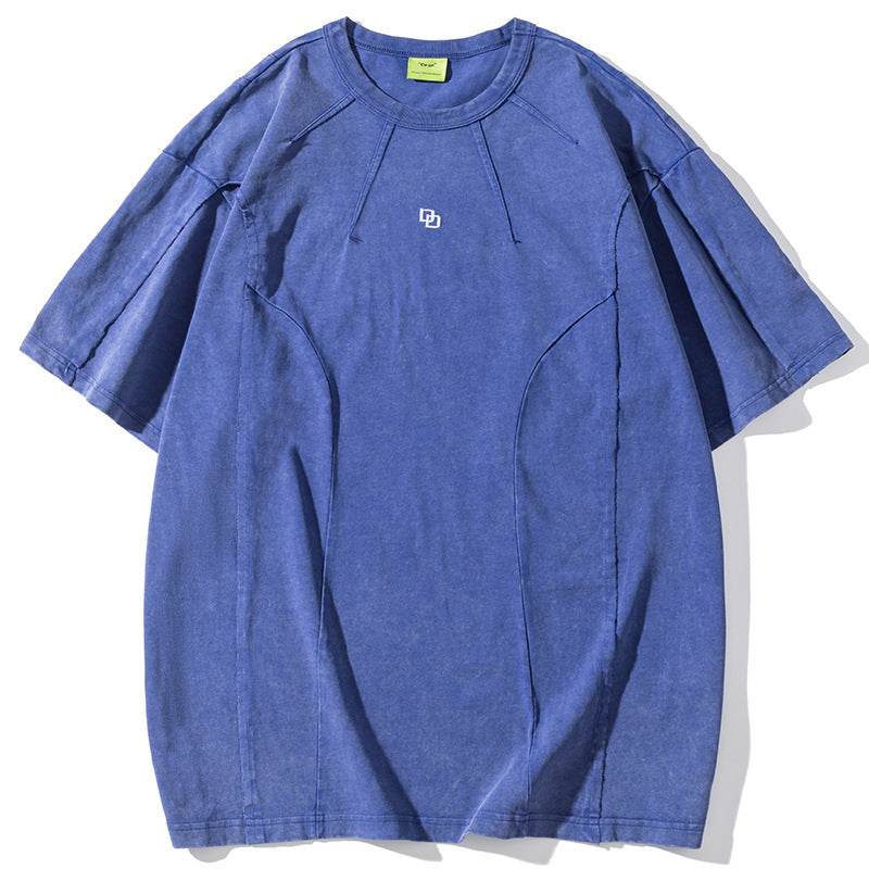 American Washed Patchwork Short-sleeved T-shirt Men Sky Blue MuddyStock