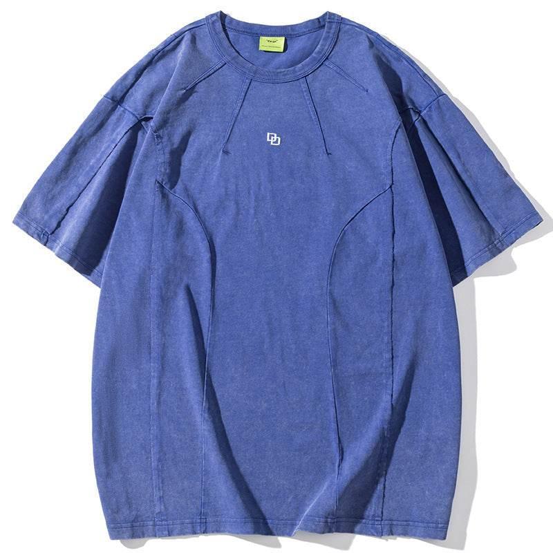 American Washed Patchwork Short-sleeved T-shirt Men Sky Blue