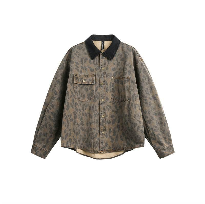 Loose vintage leopard print long sleeved denim shirt for men and women | MuddyStock Originals MuddyStock