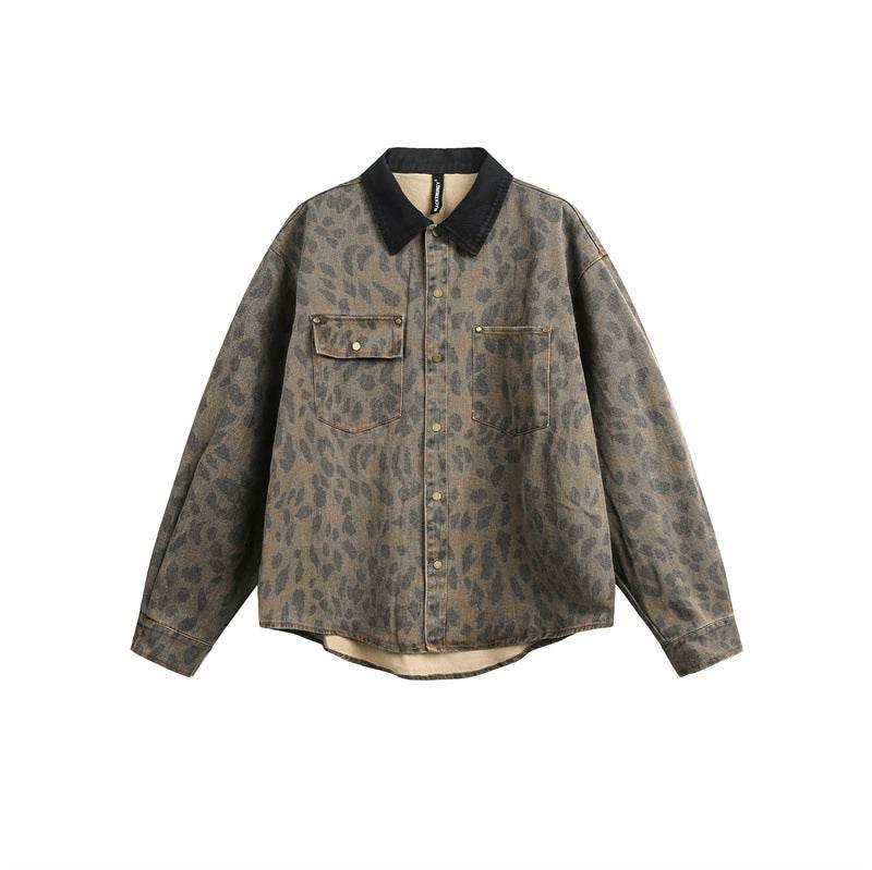 Loose vintage leopard print long sleeved denim shirt for men and women | MuddyStock Originals