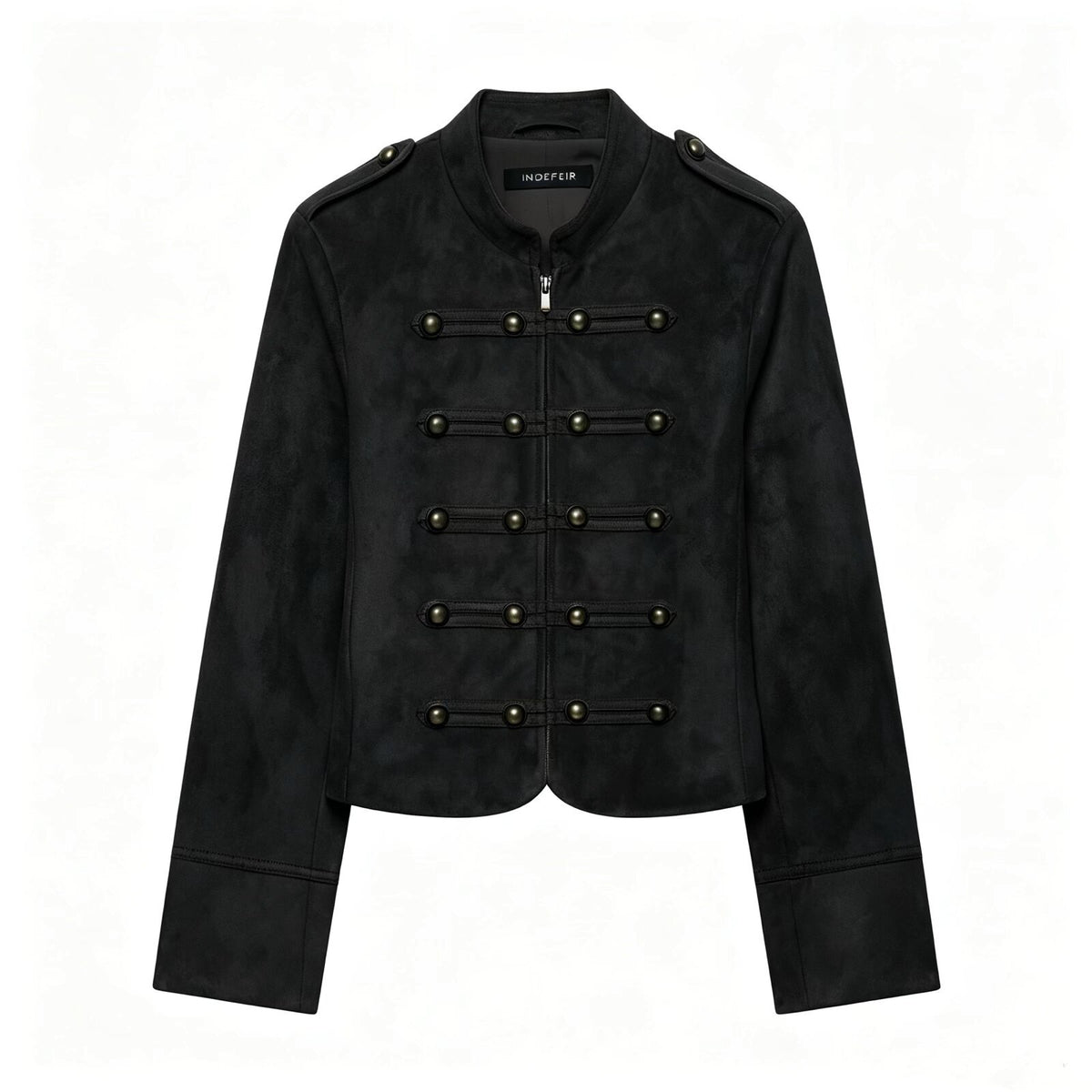 Punk Court Style Double-Breasted Metal Decorated Napoleon Collar Padded Shoulder Jacket Black