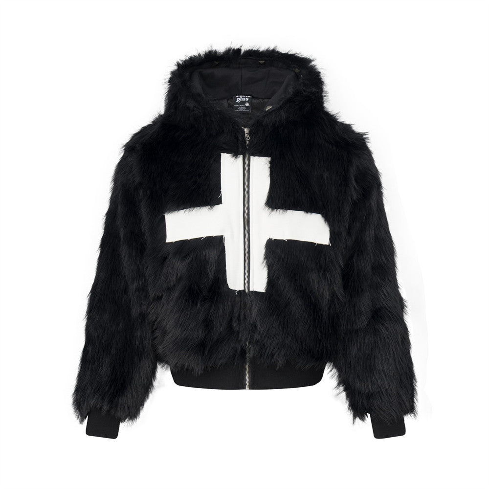 Men's Trendy Cross Patch Embroidery Faux Fur Hooded Cotton Padded Jacket